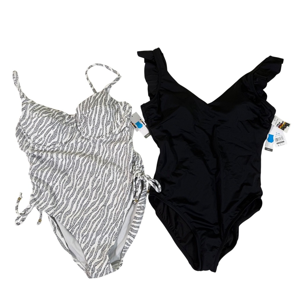 NWT Lot of 2: Time & Tru Large One-Piece Swimsuits Zebra & Black Ruffle Classic